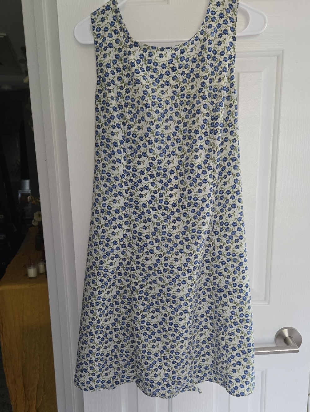 Sleeveless A-line Midi Dress with Blue Ditzy Floral Print- Med